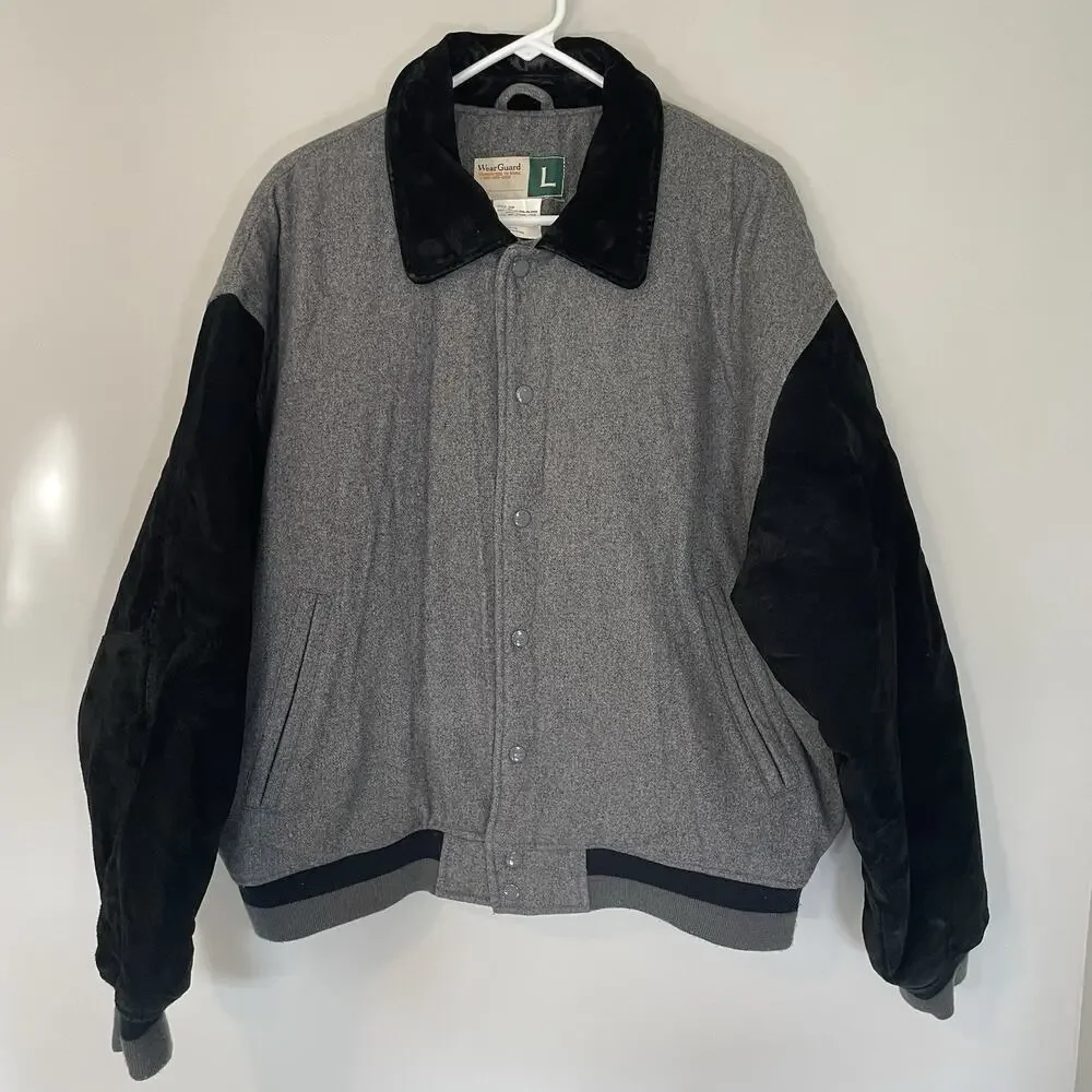Wearguard Jacket Men Sz L Colorblock Bomber Leather Wool ZipSports Black Gray